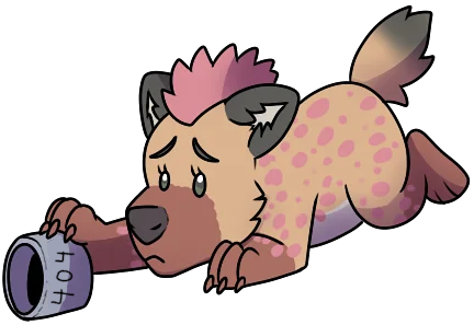A chibi hyena sadly pawing at an empty cup labeled '404.'