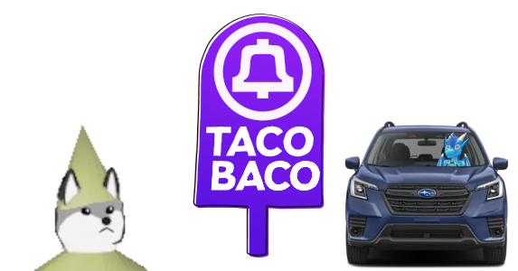 An outdoor restaurant sign for Taco Baco. On the left, a Runescape-style folf is looking at the sign. On the right, a blue dragon is behind the wheel of a car, as if headed for the drive-thru.