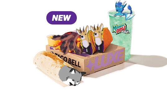 A blue dragon popping out of a cup of Baja Blast, a pair of tacos which are filled with hoodie-wearing deer, a fry cup filled with hyena paws, and a burrito filled with folf.