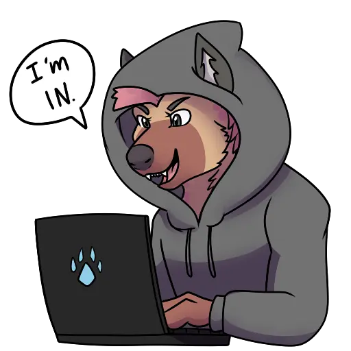 A hyena typing on a laptop, dressed like a stereotypical hacker, saying 'I'm in!'
