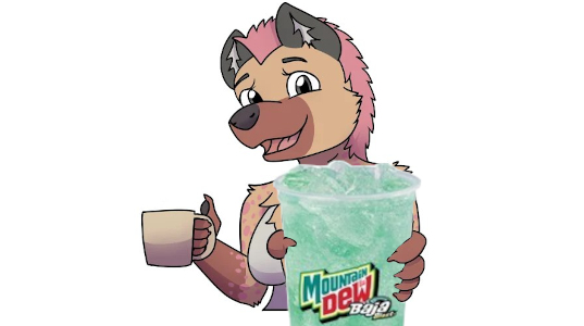A hyena handing you a cup of Baja Blast.