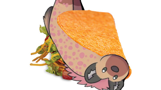 A distressingly orange hard shell taco with a chibi hyena wedged inside.