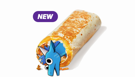 A burrito with a blue dragon's head sticking out of it wearing a wonky expression, wrapped in a second tortilla filled with cheese.