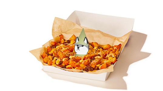 A takeout container full of french fries, with cheese sauce drizzled over them. A folf in a Runescape player hat is sticking out of the center of the fries, buried up to his shoulders.