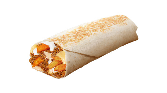 A burrito filled with beef, french fries, sour cream, and cheese.