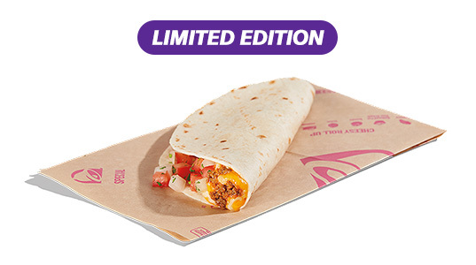 A taco-shaped object filled with cheese, beef, and pico de gallo.