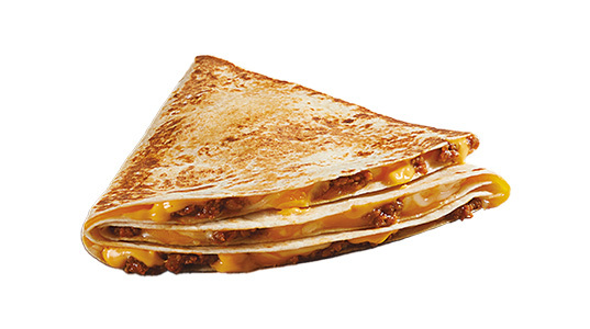 Two quarter-circle tortilla sandwiches filled with ground beef and cheese.