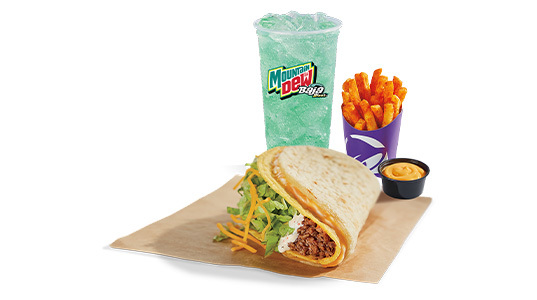 A soft taco tortilla covered in cheese and wrapped around a hard shell beef taco, with a side of fries and cheese sauce plus a Baja Blast.