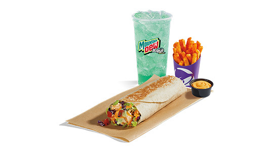 A chicken burrito with a side of fries and cheese sauce plus a Baja Blast.