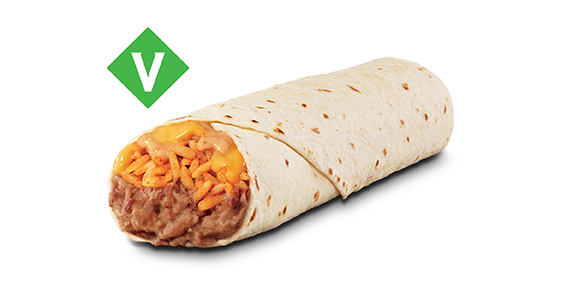 A burrito filled with cheese, refried beans, and rice. Vegetarian.