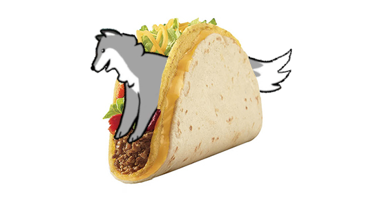 A beef taco with lettuce, tomato, and cheese. It is wrapped in a second tortilla, with a layer of cheese separating the two tortillas. A folf is pouncing on it to flatten the ground beef.