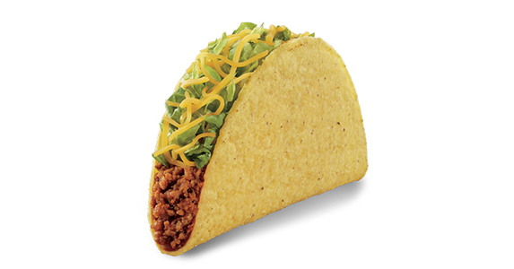 A hard shell taco filled with ground beef, lettuce, and cheese.