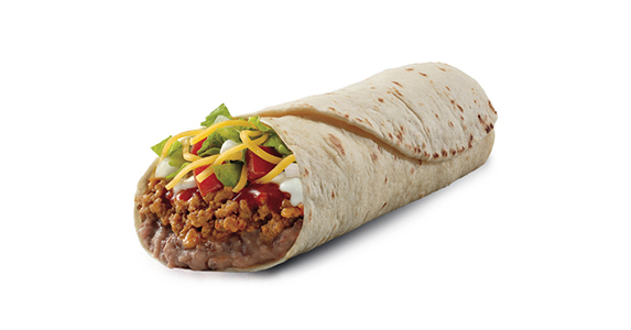 A burrito filled with ground beef, refried beans, lettuce, diced tomato, cheese, and sour cream.