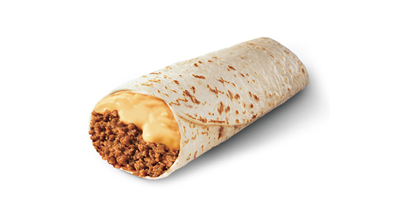 A burrito filled with ground beef and cheese sauce.