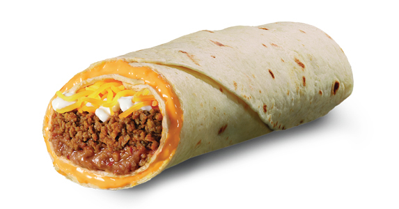 A burrito filled with beef, sour cream, and cheese, wrapped in another tortilla. The space between the tortillas is filled with more cheese.