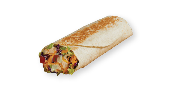 A burrito filled with chicken, lettuce, diced tomato, and cheese.