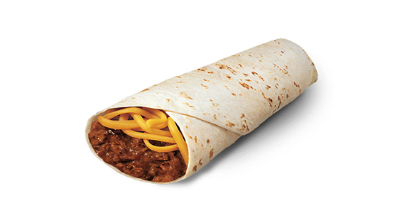 A burrito filled with cheese and a brown substance of unknown provenance.