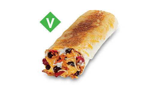 A burrito filled with black beans, tomato, cheese, and sour cream. It has a layer of lightly caramelized cheese on top. Vegetarian.