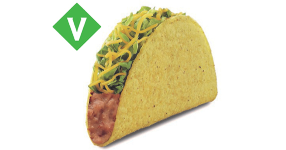 A hard shellt aco filled with refried beans, lettuce, and cheese. Vegetarian.