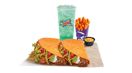 2 distressingly orange hard shell beef tacos with a side of fries and cheese sauce plus a Baja Blast.