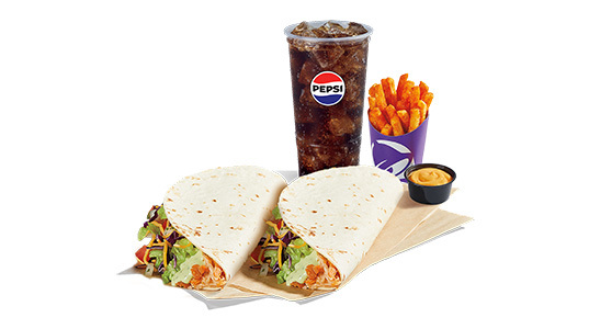2 soft shell chicken tacos with a side of fries and cheese sauce plus a soda.