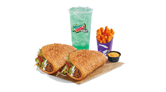 2 beef chalupas with a side of fries and cheese sauce plus a Baja Blast.