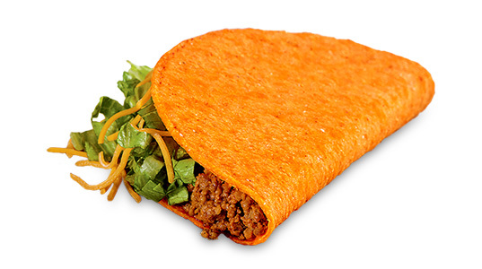 A distressingly orange hard shell taco filled with ground beef, lettuce, and cheese.