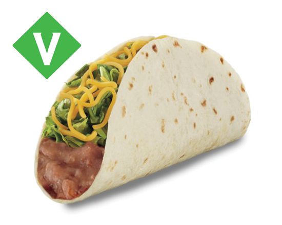 A soft taco filled with refried beans, lettuce, and cheese. Vegetarian.