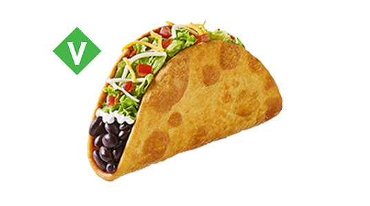 A taco-shaped object filled with black beans, sour cream, lettuce, diced tomato, and cheese. Vegetarian.