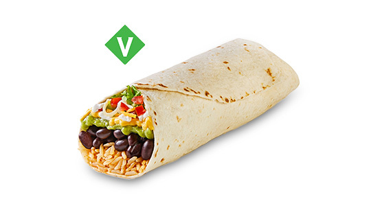 A burrito filled with rice, black beans, guacamole, cheese, tomato, sour cream, and lettuce. Vegetarian.