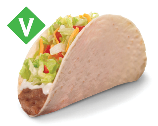 A soft taco filled with refried beans, sour cream, lettuce, tomato, and cheese. Vegetarian.