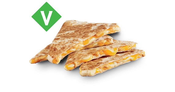 A cheese quesadilla cut into four pieces, stacked atop each other. Vegetarian.