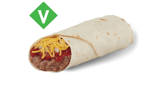 A burrito filled with refried beans, cheese, and some sort of sauce. Vegetarian.