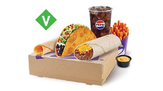 A cheesy bean and rice burrito, a black bean gordita, a cheesy roll-up, a cup of fries with cheese sauce, and a soda.