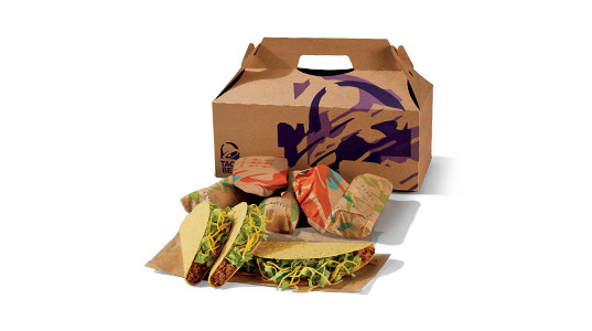 A box filled with five beef tacos and three burritos.