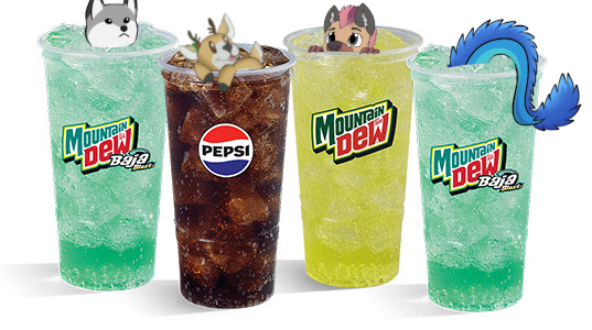 A Baja Blast with a folf bobbing in the center, a Pepsi with a deer hanging over the side, a regular mountain dew with a hyena peeking over the edge, and a second Baja Blast with a blue dragon's tail sticking out of the top and curling over the side.