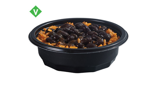 A small bowl of rice with black beans on top.