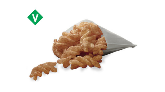 A bag of fried dough extrusions covered in cinnamon sugar. They're shaped like rotini pasta.