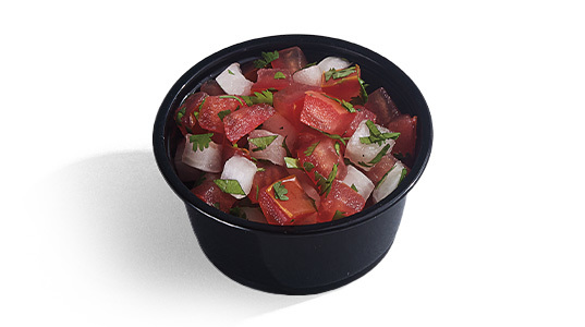 A dipping sauce cup filled with pico de gallo.