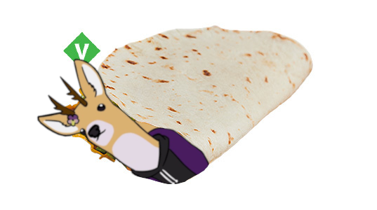 A taco filled with a deer who's wearing a purple hoodie.