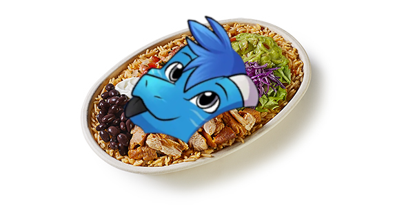 A blue dragon's face sticking out of a burrito bowl. He's blepping.