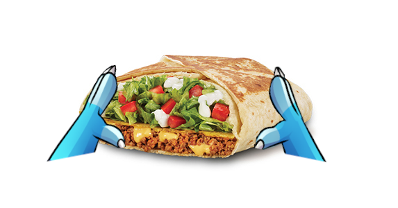 A hexagonal folded tortilla sandwich filled with beef, cheese sauce, lettuce, tomato, and sour cream, framed on either side by a blue dragon's hands. It looks like he's taken a bite out of it.