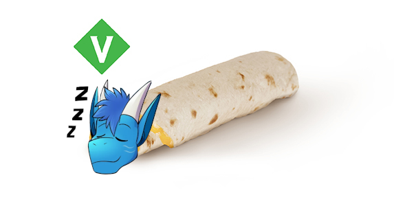 A sleeping blue dragon wrapped up in a cheese filled tortilla. He looks cozy. There's a 'v' icon indicating that this dish is vegetarian.